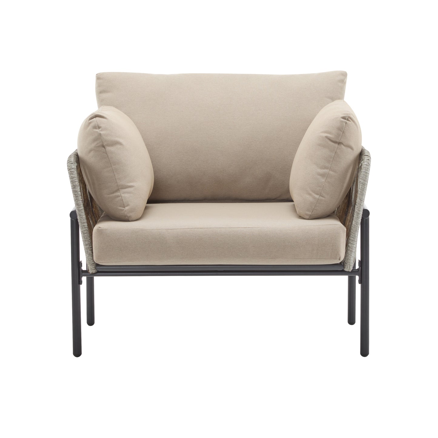 [Set of 2] 36' Beige Iron Lounge Chair with Rope Weave Design and Plush Cushions, Perfect for Indoor and Outdoor Relaxation