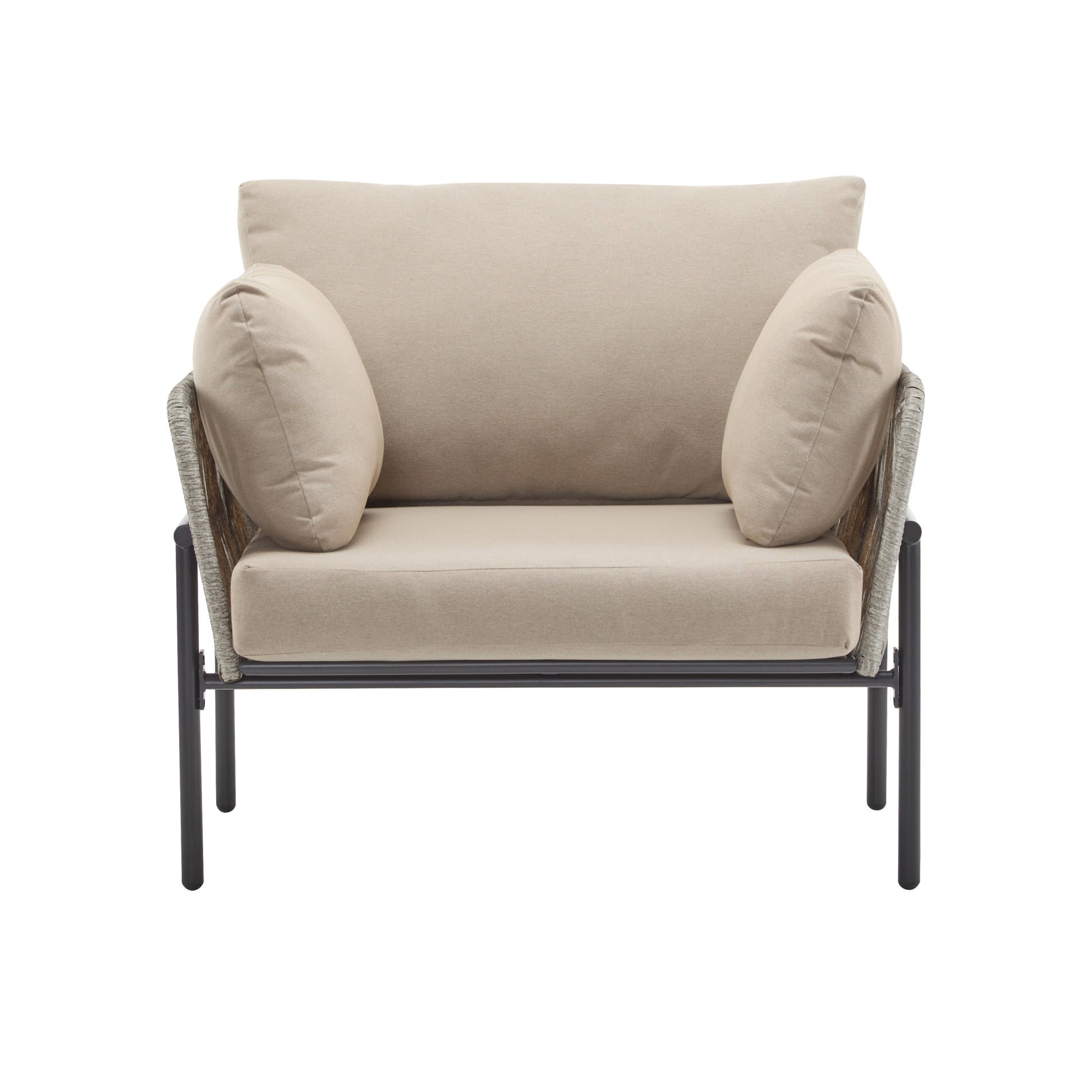 [Set of 2] 36' Beige Iron Lounge Chair with Rope Weave Design and Plush Cushions, Perfect for Indoor and Outdoor Relaxation