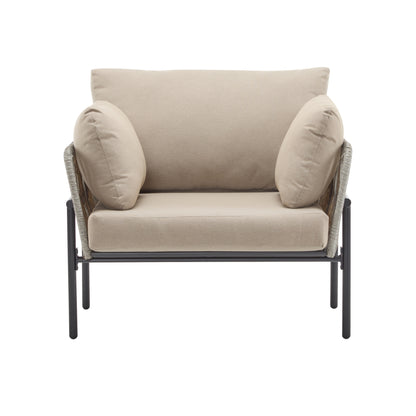 [Set of 2] 36' Beige Iron Lounge Chair with Rope Weave Design and Plush Cushions, Perfect for Indoor and Outdoor Relaxation