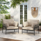 [Set of 2] 36' Beige Iron Lounge Chair with Rope Weave Design and Plush Cushions, Perfect for Indoor and Outdoor Relaxation