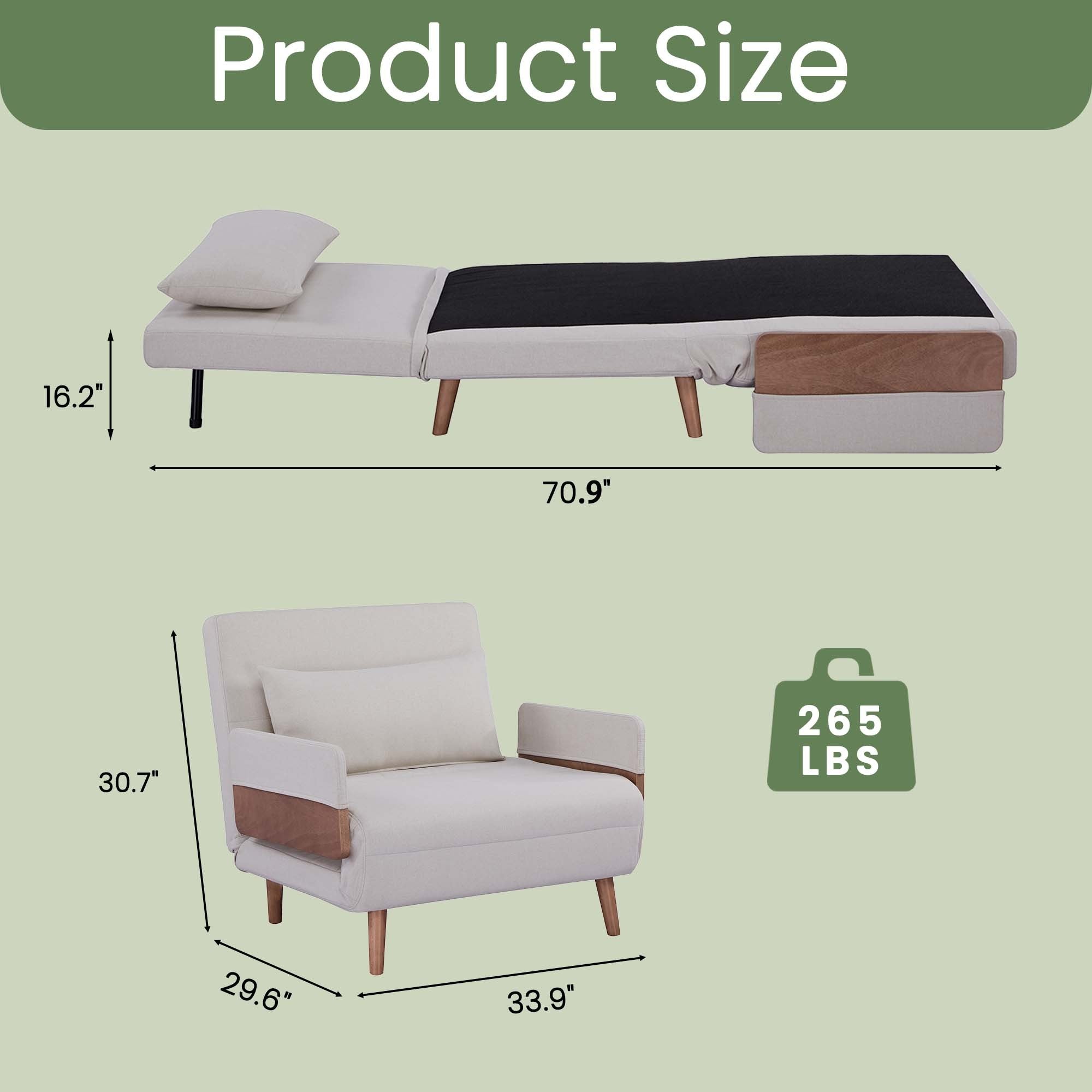 TRIO Modern Foldable Sofa Bed - Single-Seater with Breathable Linen Fabric, Converts in 10 Sec, 6-Level Adjustable Backrest, Silent Hinges, Space-Saving Multi-Functional Sleeper Sofa.