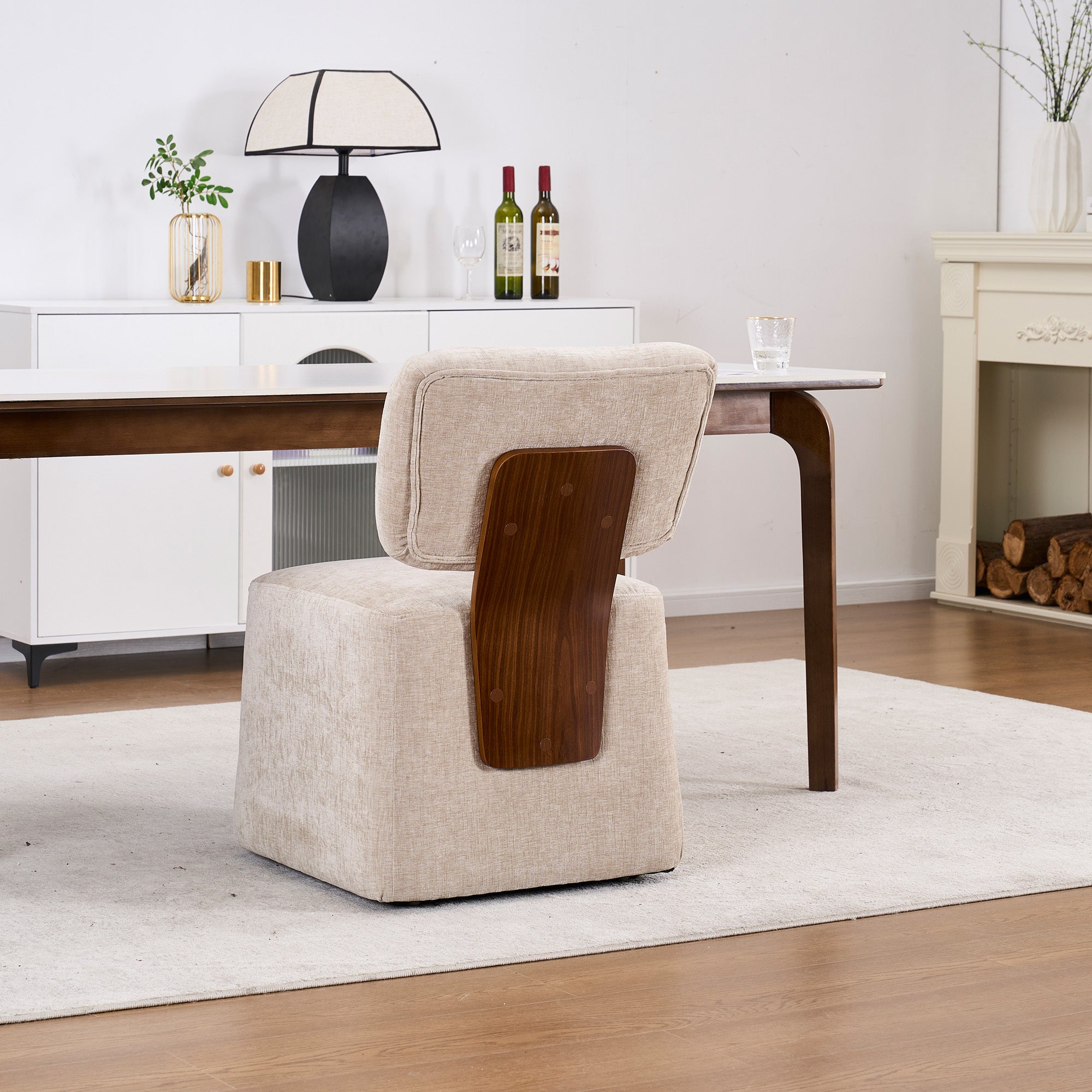 Linen Upholstered Armless Dining Chair with Casters,BEIGE