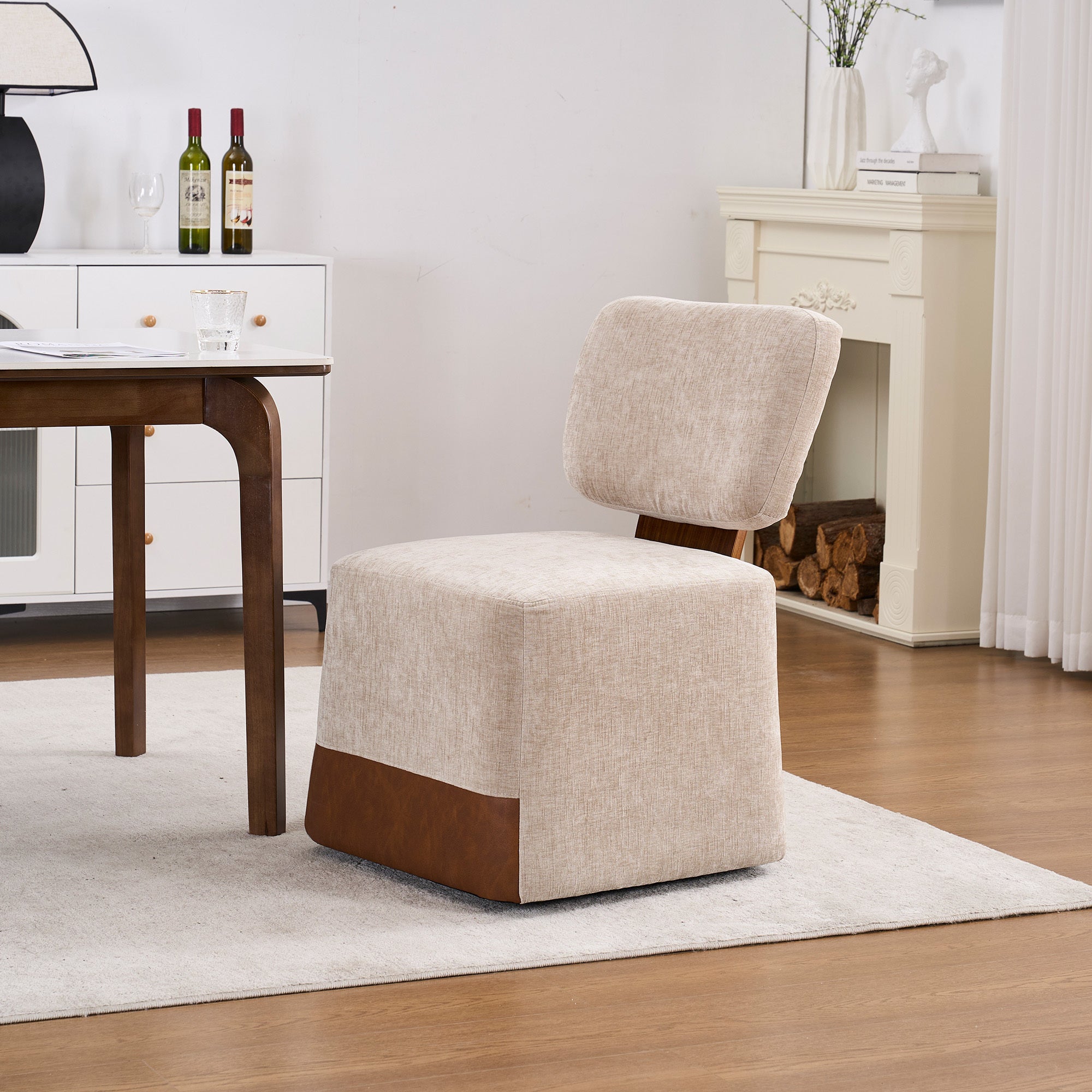 Linen Upholstered Armless Dining Chair with Casters,BEIGE