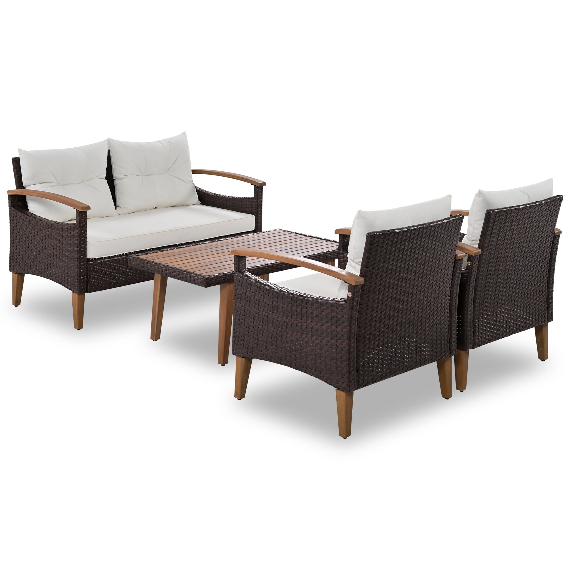 GO 4-Piece Garden Furniture, Patio Seating Set, PE Rattan Outdoor Sofa Set, Wood Table and Legs, Brown and Beige