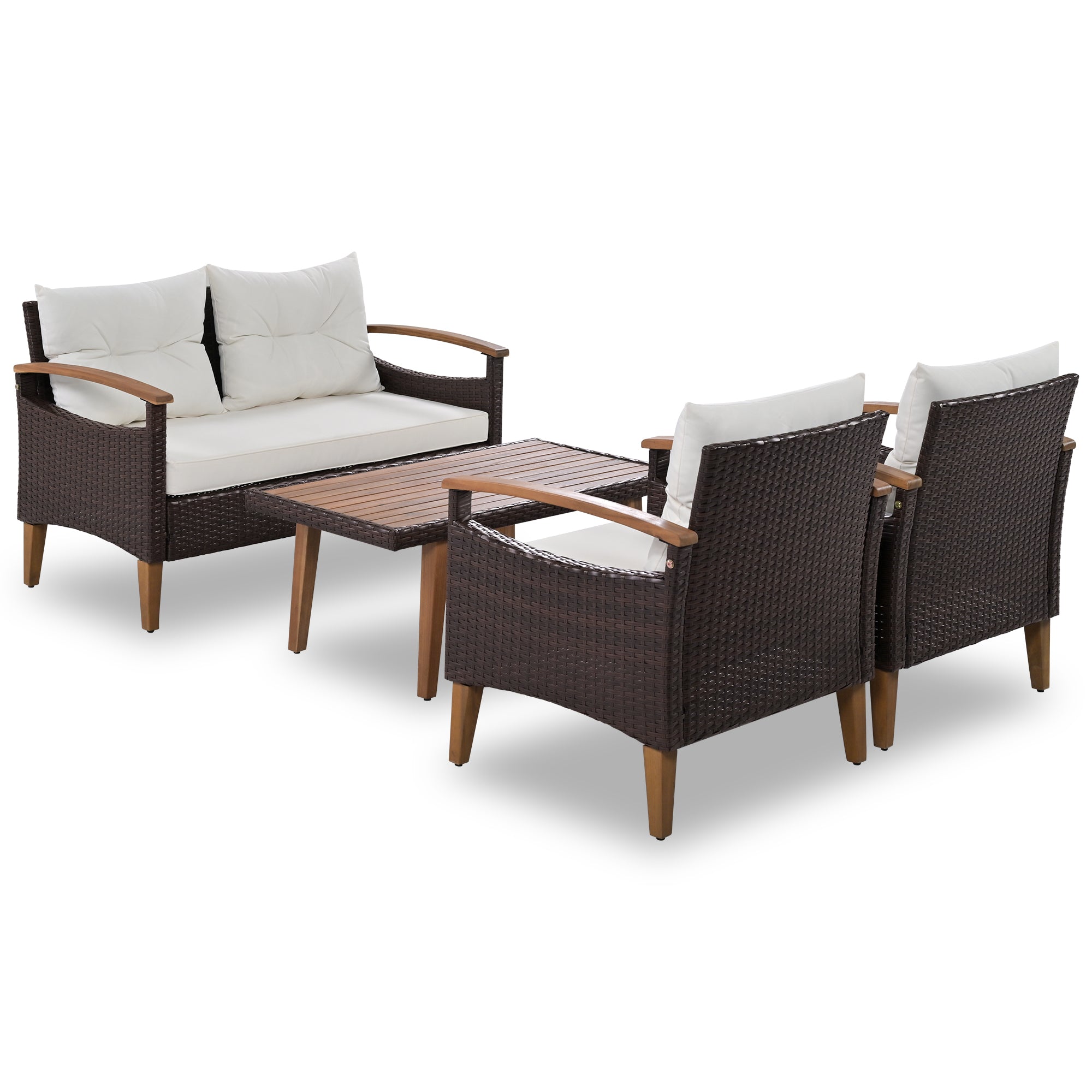 GO 4-Piece Garden Furniture, Patio Seating Set, PE Rattan Outdoor Sofa Set, Wood Table and Legs, Brown and Beige