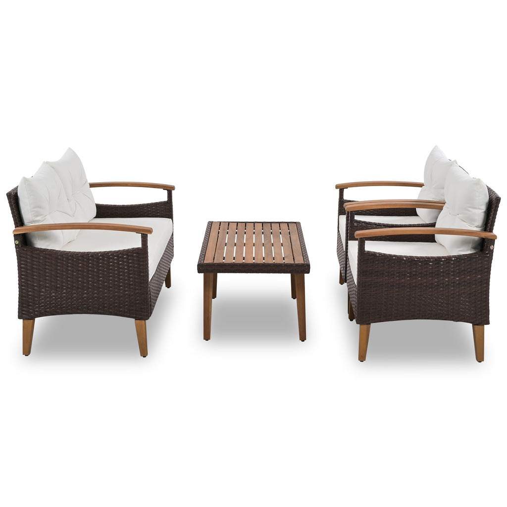 GO 4-Piece Garden Furniture, Patio Seating Set, PE Rattan Outdoor Sofa Set, Wood Table and Legs, Brown and Beige