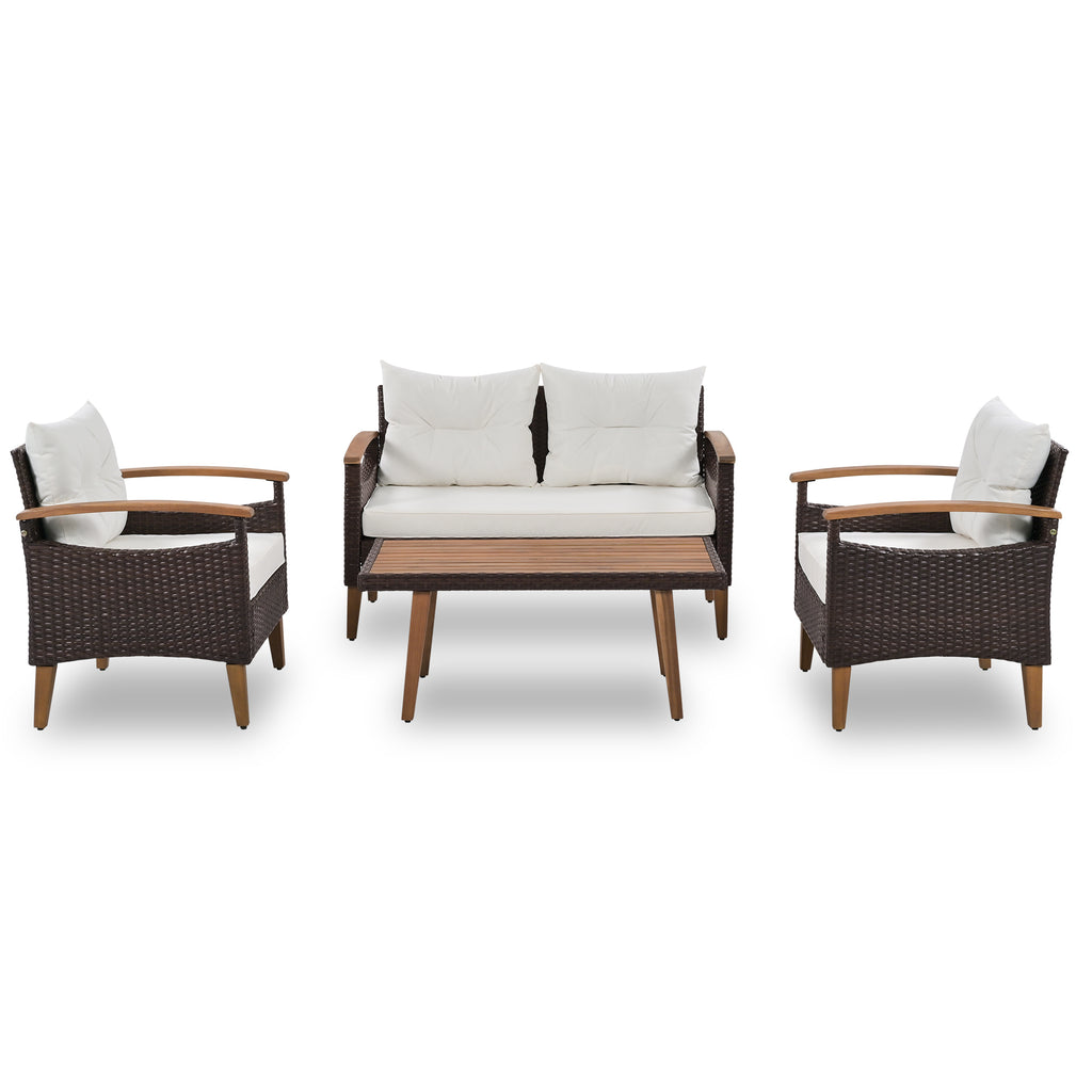 GO 4-Piece Garden Furniture, Patio Seating Set, PE Rattan Outdoor Sofa Set, Wood Table and Legs, Brown and Beige