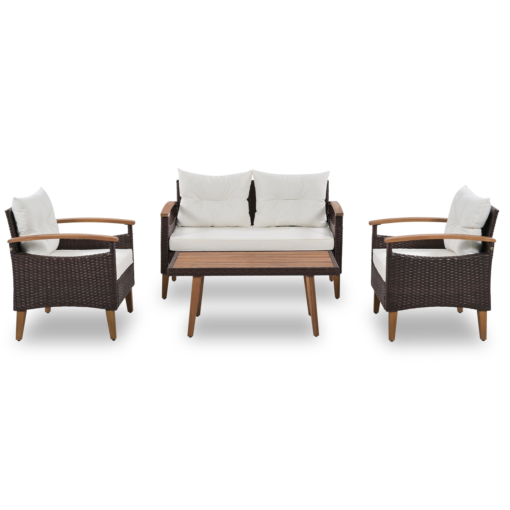 GO 4-Piece Garden Furniture, Patio Seating Set, PE Rattan Outdoor Sofa Set, Wood Table and Legs, Brown and Beige