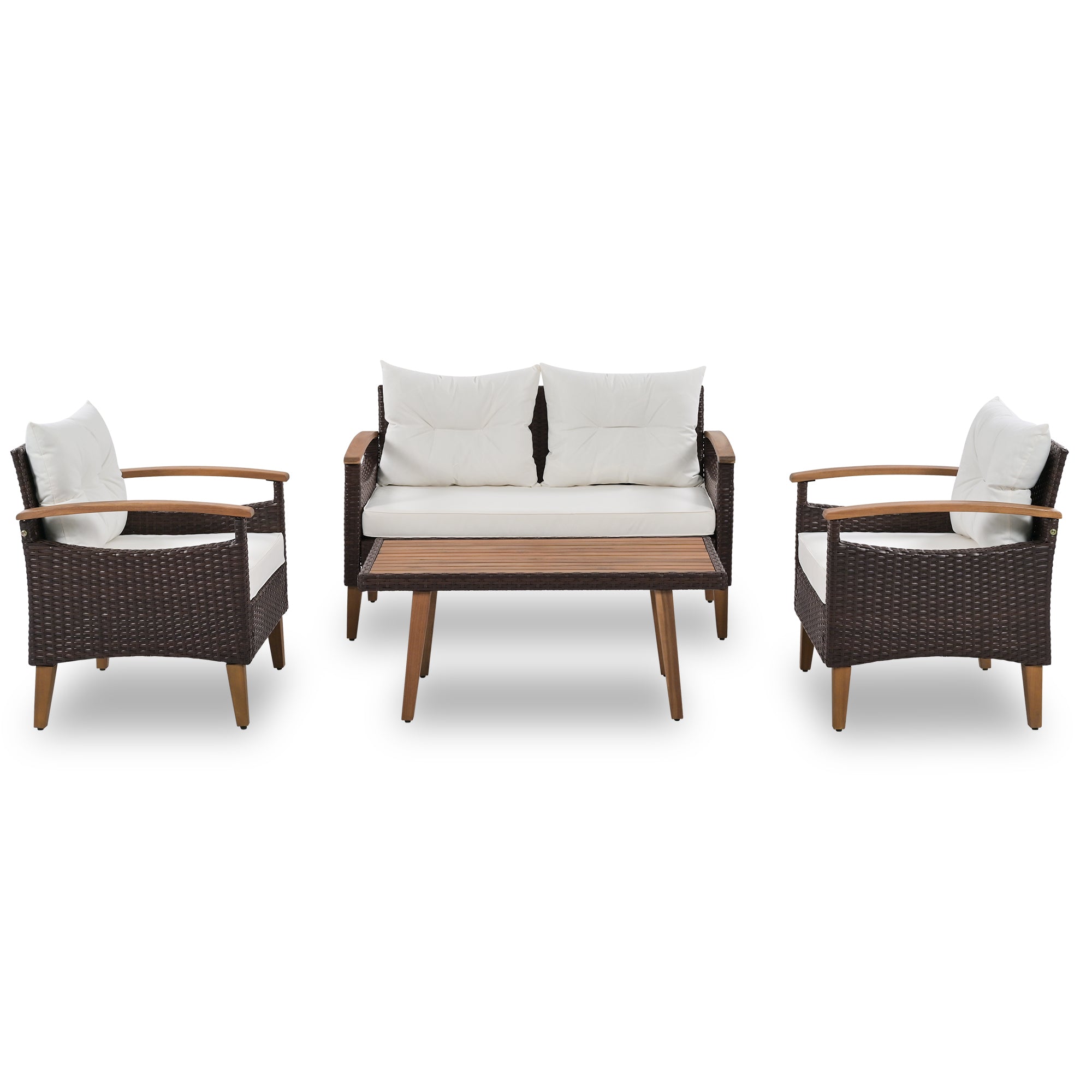 GO 4-Piece Garden Furniture, Patio Seating Set, PE Rattan Outdoor Sofa Set, Wood Table and Legs, Brown and Beige