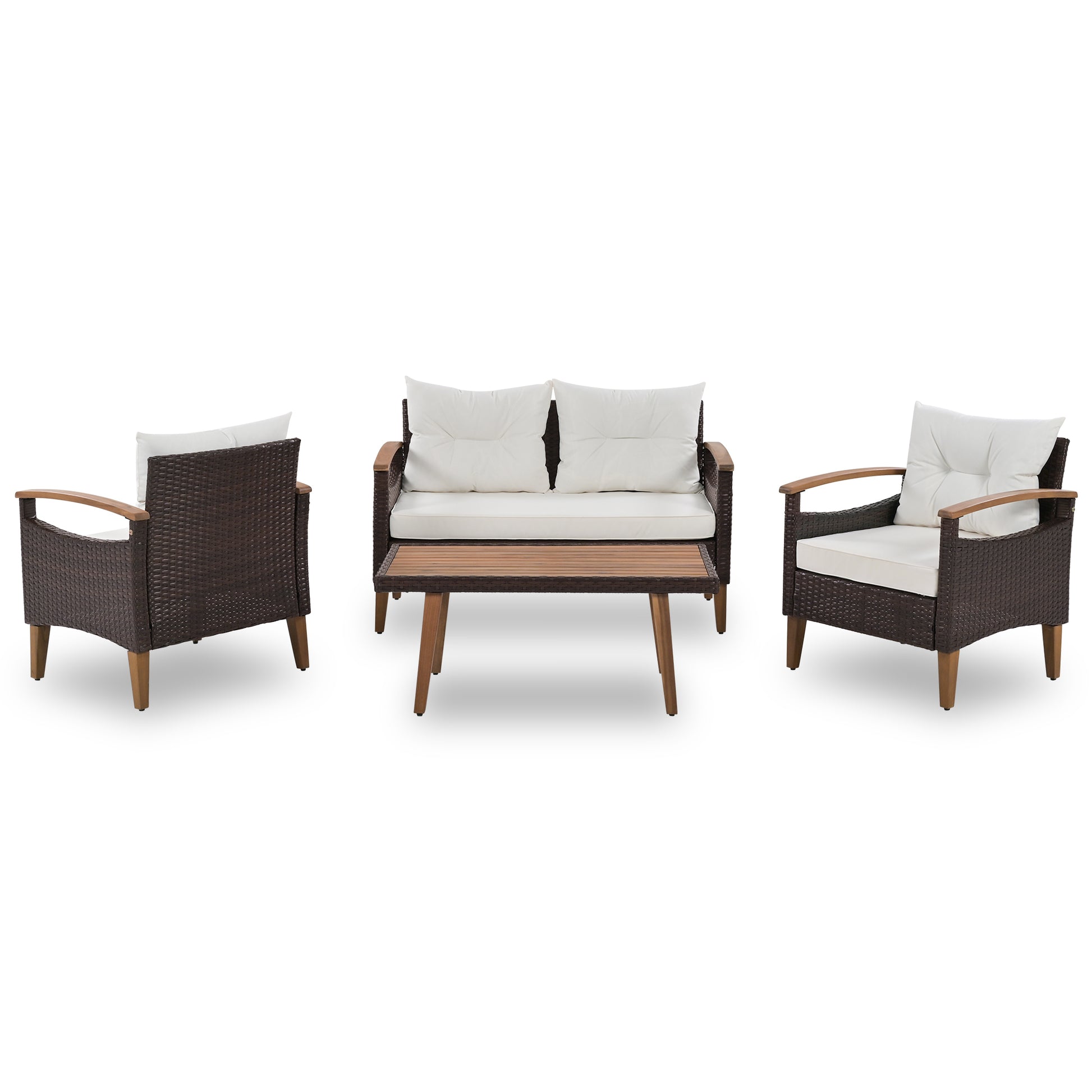 GO 4-Piece Garden Furniture, Patio Seating Set, PE Rattan Outdoor Sofa Set, Wood Table and Legs, Brown and Beige