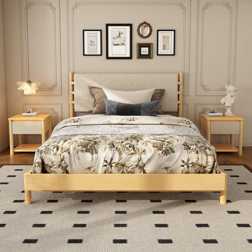 Beige Queen Bed Frame with Matching Nightstands Set.