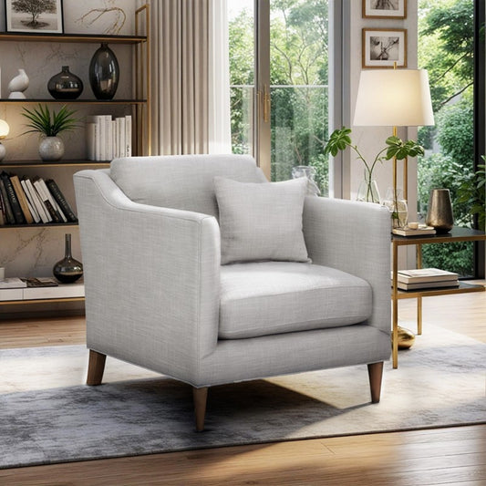 Modern Luxurious Chair with High Track Arms in Beige Polyester Fabric and Oak Finish Accent Chair