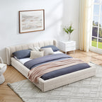 Modern Queen Size Upholstered Bed Frame with Thick Chenille Fabric and Headboard - Beige