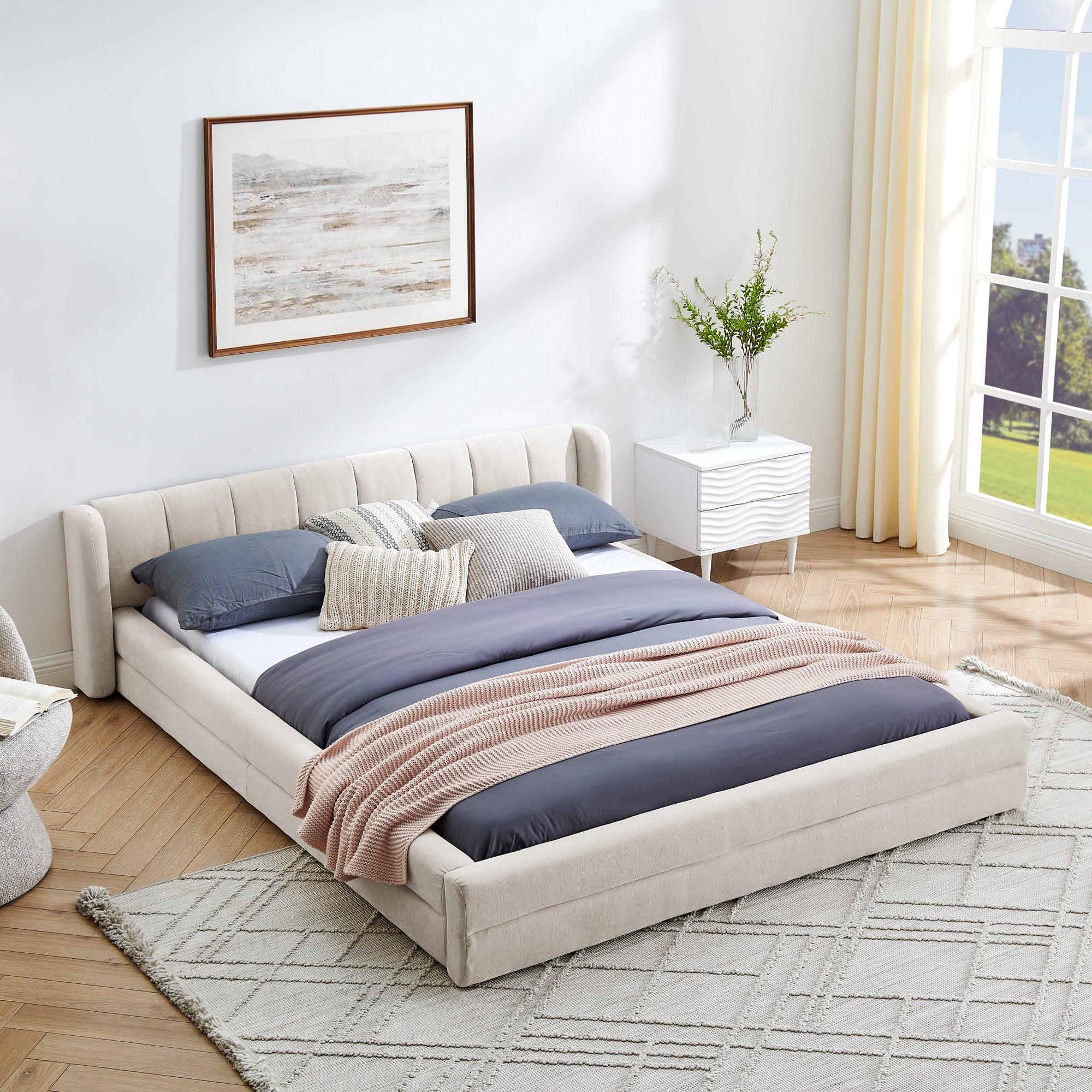 Modern Queen Size Upholstered Bed Frame with Thick Chenille Fabric and Headboard - Beige