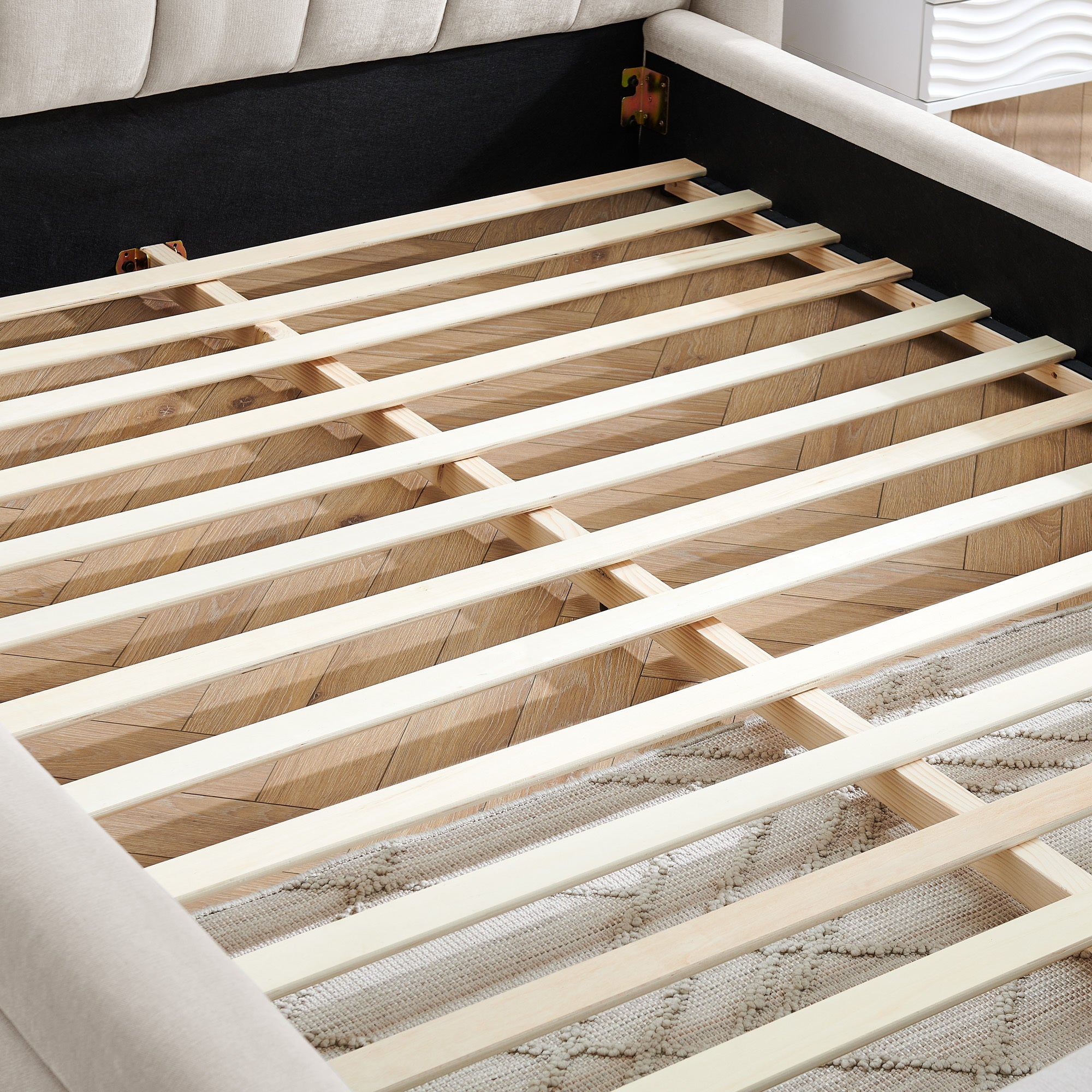 Modern Queen Size Upholstered Bed Frame with Thick Chenille Fabric and Headboard - Beige