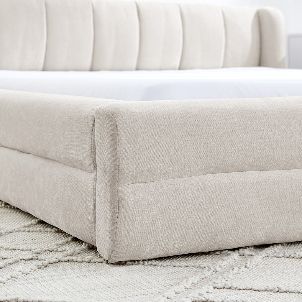 Modern Queen Size Upholstered Bed Frame with Thick Chenille Fabric and Headboard - Beige