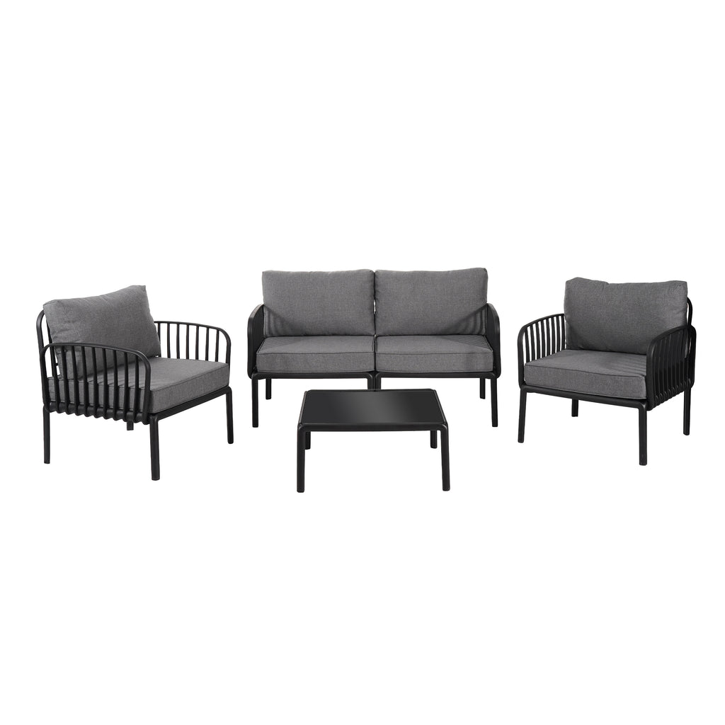 5 Piece Patio Conversation Sets, Modern Outdoor Patio Sectional Furniture Set with Square Coffee Table, Waterproof Thick Cushion Deep Seating for Porch, Balcony, Black & Dark Gray