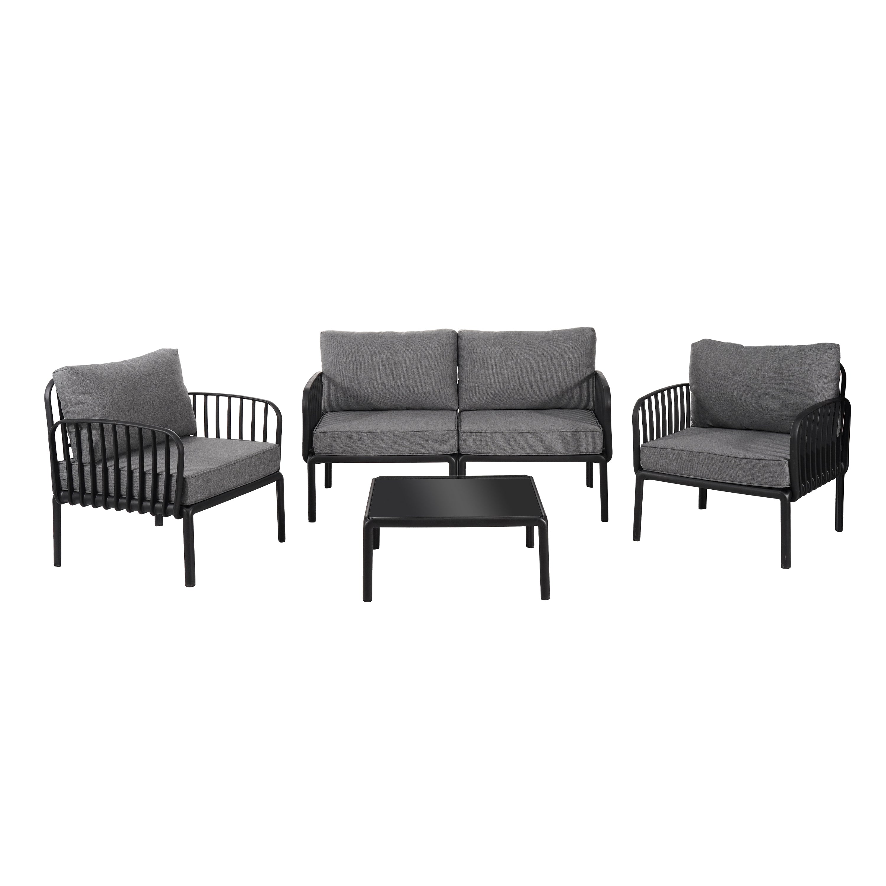 5 Piece Patio Conversation Sets, Modern Outdoor Patio Sectional Furniture Set with Square Coffee Table, Waterproof Thick Cushion Deep Seating for Porch, Balcony, Black & Dark Gray