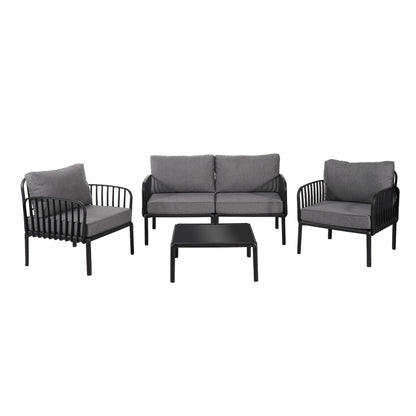 5 Piece Patio Conversation Sets, Modern Outdoor Patio Sectional Furniture Set with Square Coffee Table, Waterproof Thick Cushion Deep Seating for Porch, Balcony, Black & Dark Gray