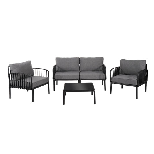 5 Piece Patio Conversation Sets, Modern Outdoor Patio Sectional Furniture Set with Square Coffee Table, Waterproof Thick Cushion Deep Seating for Porch, Balcony, Black & Dark Gray