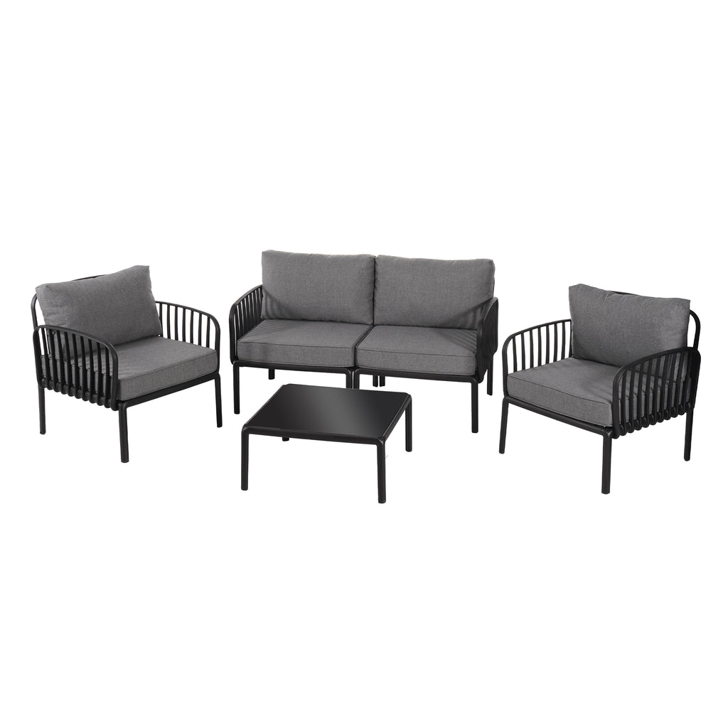 5 Piece Patio Conversation Sets, Modern Outdoor Patio Sectional Furniture Set with Square Coffee Table, Waterproof Thick Cushion Deep Seating for Porch, Balcony, Black & Dark Gray