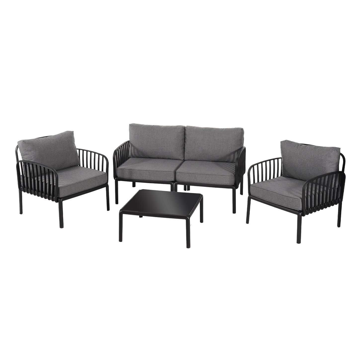 5 Piece Patio Conversation Sets, Modern Outdoor Patio Sectional Furniture Set with Square Coffee Table, Waterproof Thick Cushion Deep Seating for Porch, Balcony, Black & Dark Gray