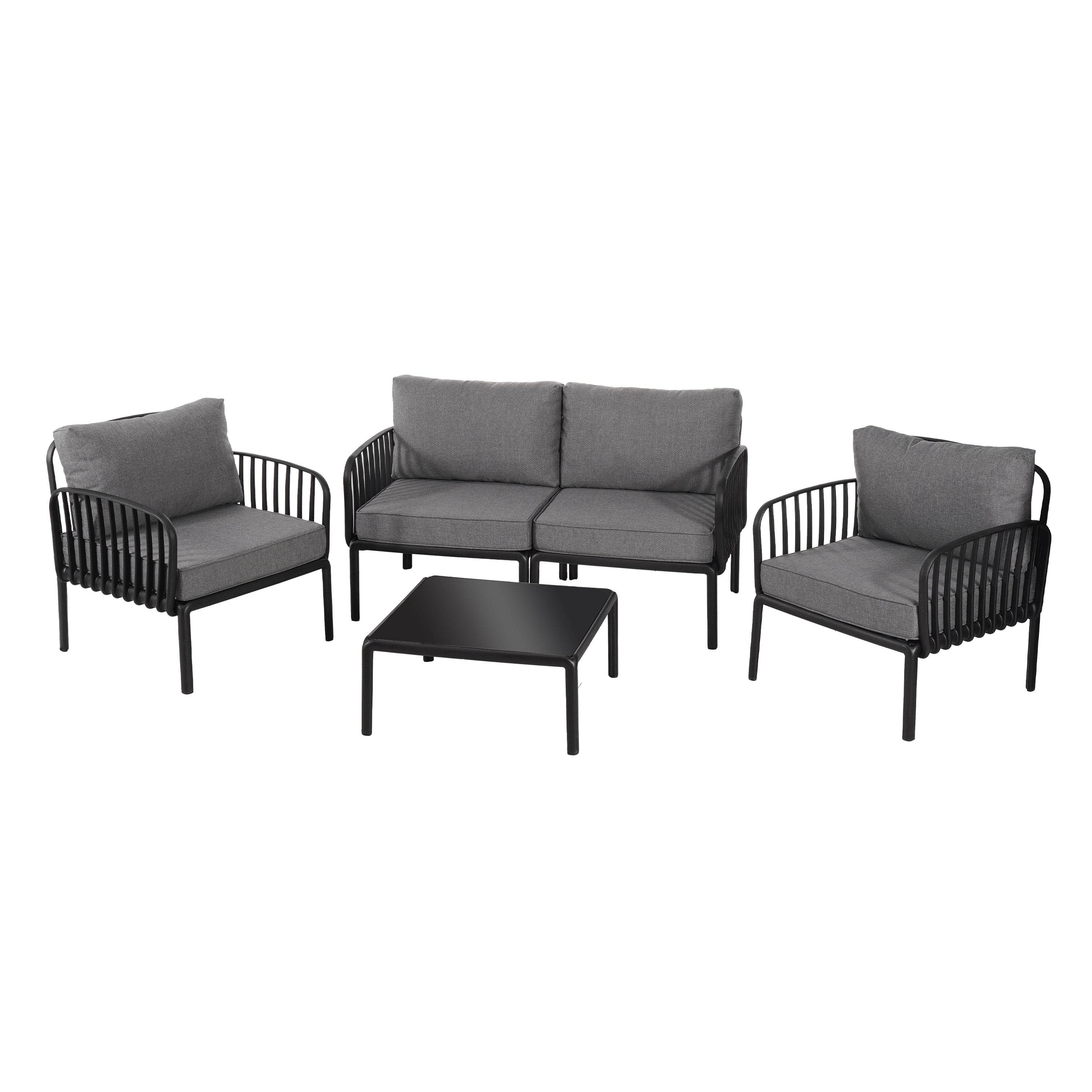 5 Piece Patio Conversation Sets, Modern Outdoor Patio Sectional Furniture Set with Square Coffee Table, Waterproof Thick Cushion Deep Seating for Porch, Balcony, Black & Dark Gray
