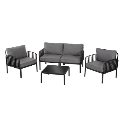 5 Piece Patio Conversation Sets, Modern Outdoor Patio Sectional Furniture Set with Square Coffee Table, Waterproof Thick Cushion Deep Seating for Porch, Balcony, Black & Dark Gray