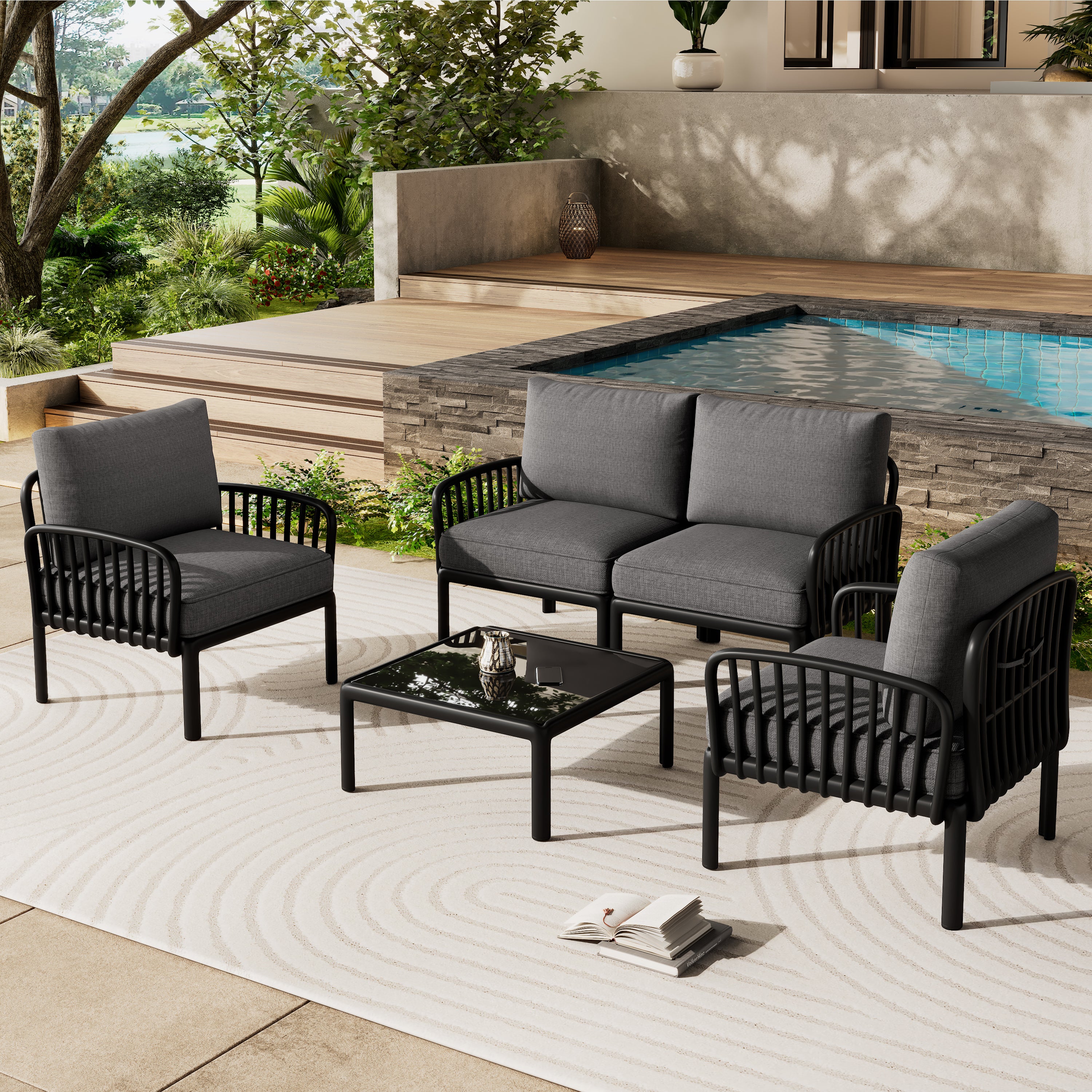 5 Piece Patio Conversation Sets, Modern Outdoor Patio Sectional Furniture Set with Square Coffee Table, Waterproof Thick Cushion Deep Seating for Porch, Balcony, Black & Dark Gray