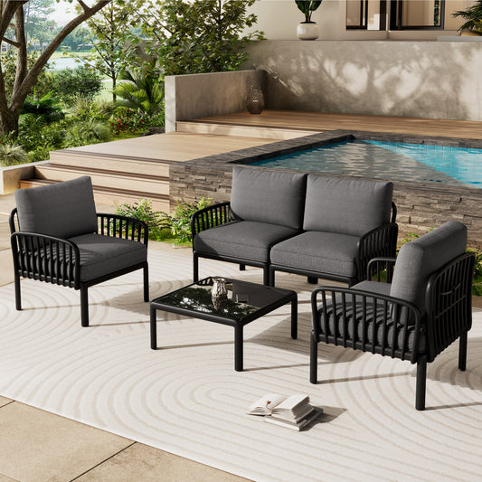 5 Piece Patio Conversation Sets, Modern Outdoor Patio Sectional Furniture Set with Square Coffee Table, Waterproof Thick Cushion Deep Seating for Porch, Balcony, Black & Dark Gray