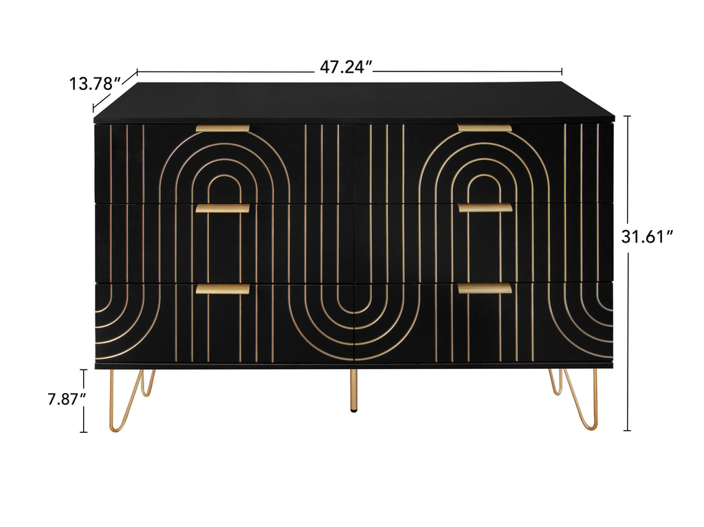 Modern 6 Drawer Dresser, Modern Dresser with Metal Handles, Storage Chest of Drawer, Wide Dresser Drawer Organizers with  Carving Design for Bedroom, Living Room, Hallway