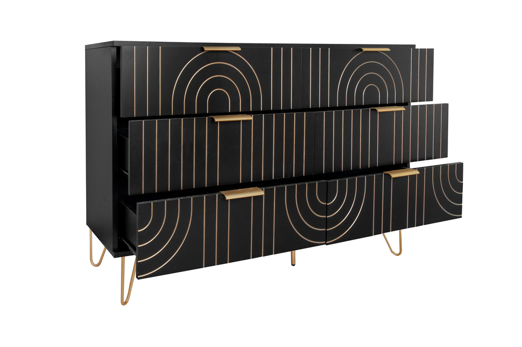 Modern 6 Drawer Dresser, Modern Dresser with Metal Handles, Storage Chest of Drawer, Wide Dresser Drawer Organizers with  Carving Design for Bedroom, Living Room, Hallway