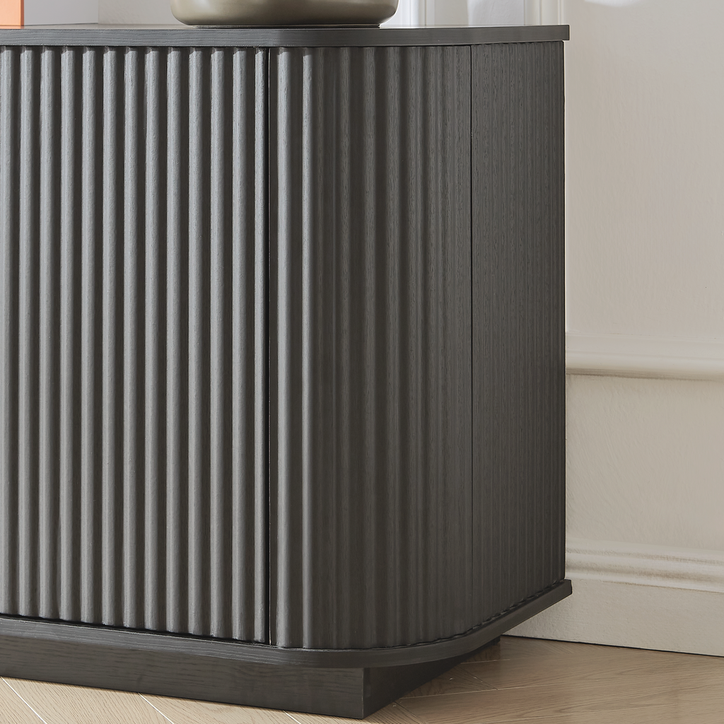 64-Inch Wavy TV Cabinet, Round Sideboard, Wooden Vertical Stripe Storage Cabinet, Aluminum Door Framed Tempered Glass Cabinet for Living Room/Bedroom/Entryway. Black,64''W x 15''D x 24''H.