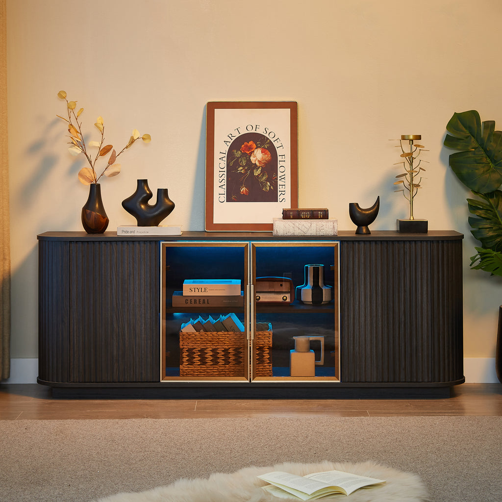 64-Inch Wavy TV Cabinet, Round Sideboard, Wooden Vertical Stripe Storage Cabinet, Aluminum Door Framed Tempered Glass Cabinet for Living Room/Bedroom/Entryway. Black,64''W x 15''D x 24''H.