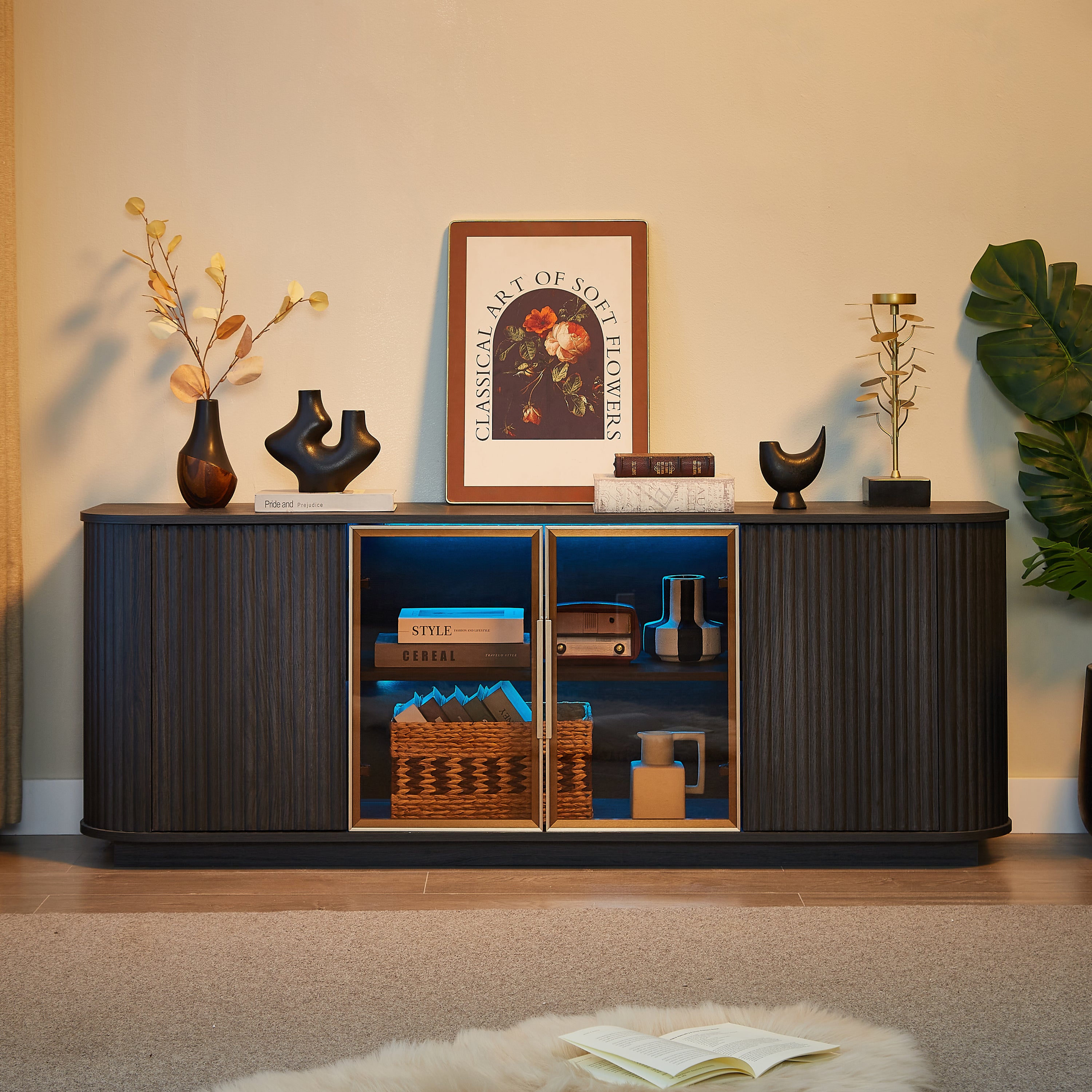 64-Inch Wavy TV Cabinet, Round Sideboard, Wooden Vertical Stripe Storage Cabinet, Aluminum Door Framed Tempered Glass Cabinet for Living Room/Bedroom/Entryway. Black,64''W x 15''D x 24''H.