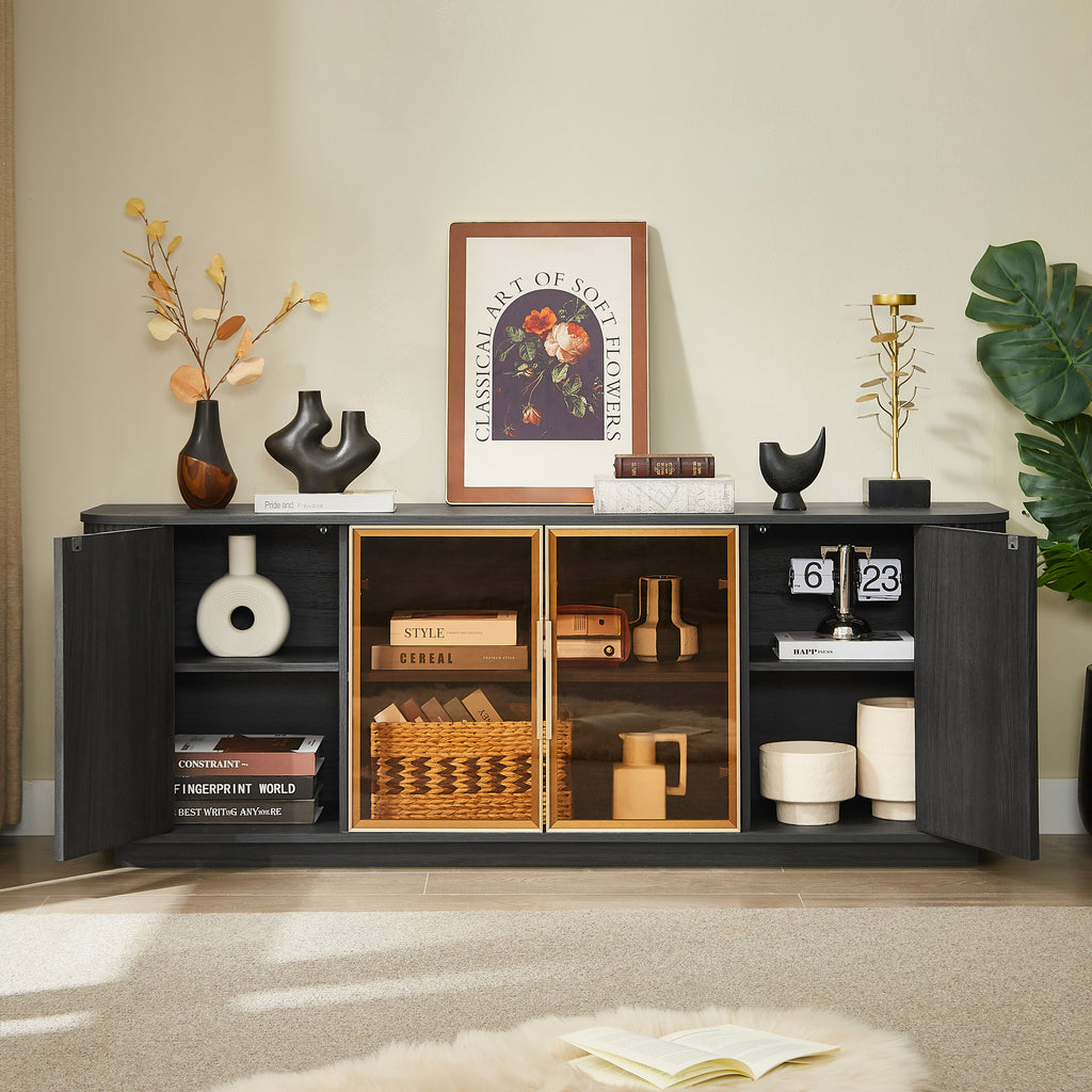 64-Inch Wavy TV Cabinet, Round Sideboard, Wooden Vertical Stripe Storage Cabinet, Aluminum Door Framed Tempered Glass Cabinet for Living Room/Bedroom/Entryway. Black,64''W x 15''D x 24''H.