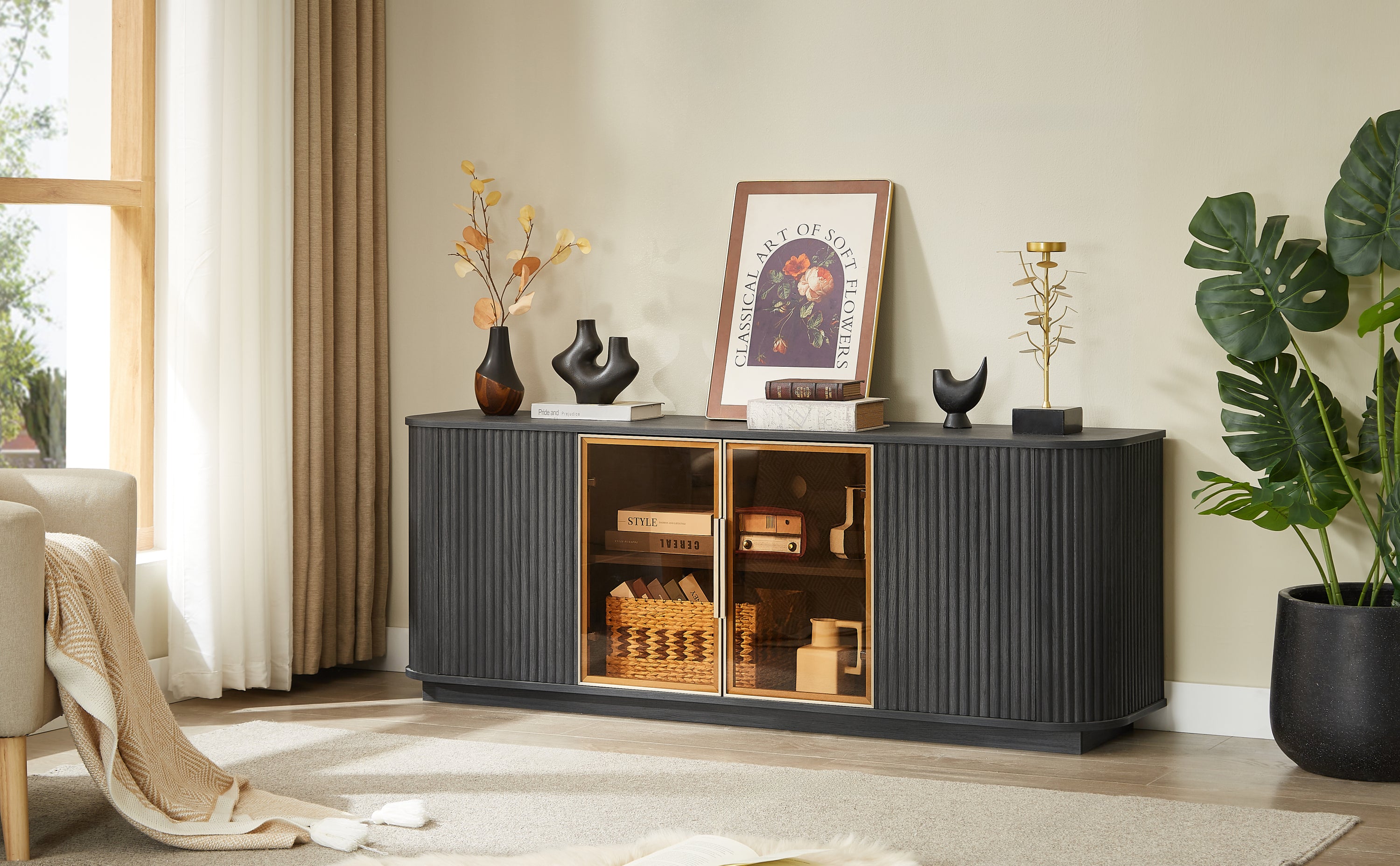 64-Inch Wavy TV Cabinet, Round Sideboard, Wooden Vertical Stripe Storage Cabinet, Aluminum Door Framed Tempered Glass Cabinet for Living Room/Bedroom/Entryway. Black,64''W x 15''D x 24''H.