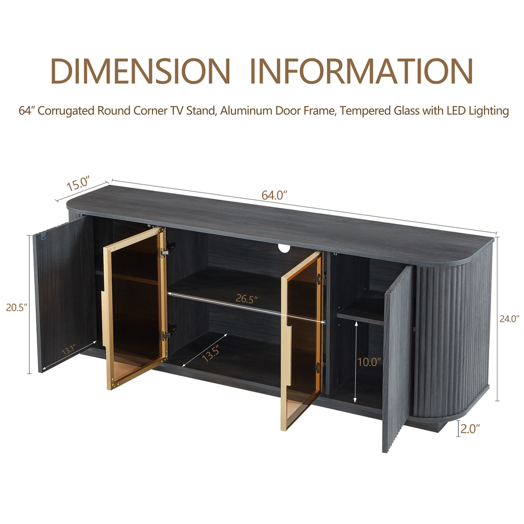 64-Inch Wavy TV Cabinet, Round Sideboard, Wooden Vertical Stripe Storage Cabinet, Aluminum Door Framed Tempered Glass Cabinet for Living Room/Bedroom/Entryway. Black,64''W x 15''D x 24''H.