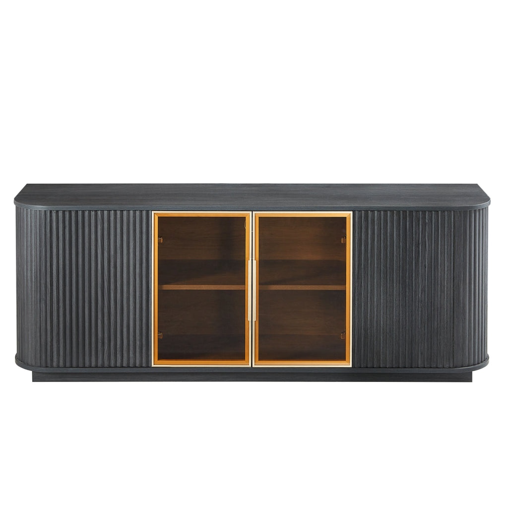 64-Inch Wavy TV Cabinet, Round Sideboard, Wooden Vertical Stripe Storage Cabinet, Aluminum Door Framed Tempered Glass Cabinet for Living Room/Bedroom/Entryway. Black,64''W x 15''D x 24''H.