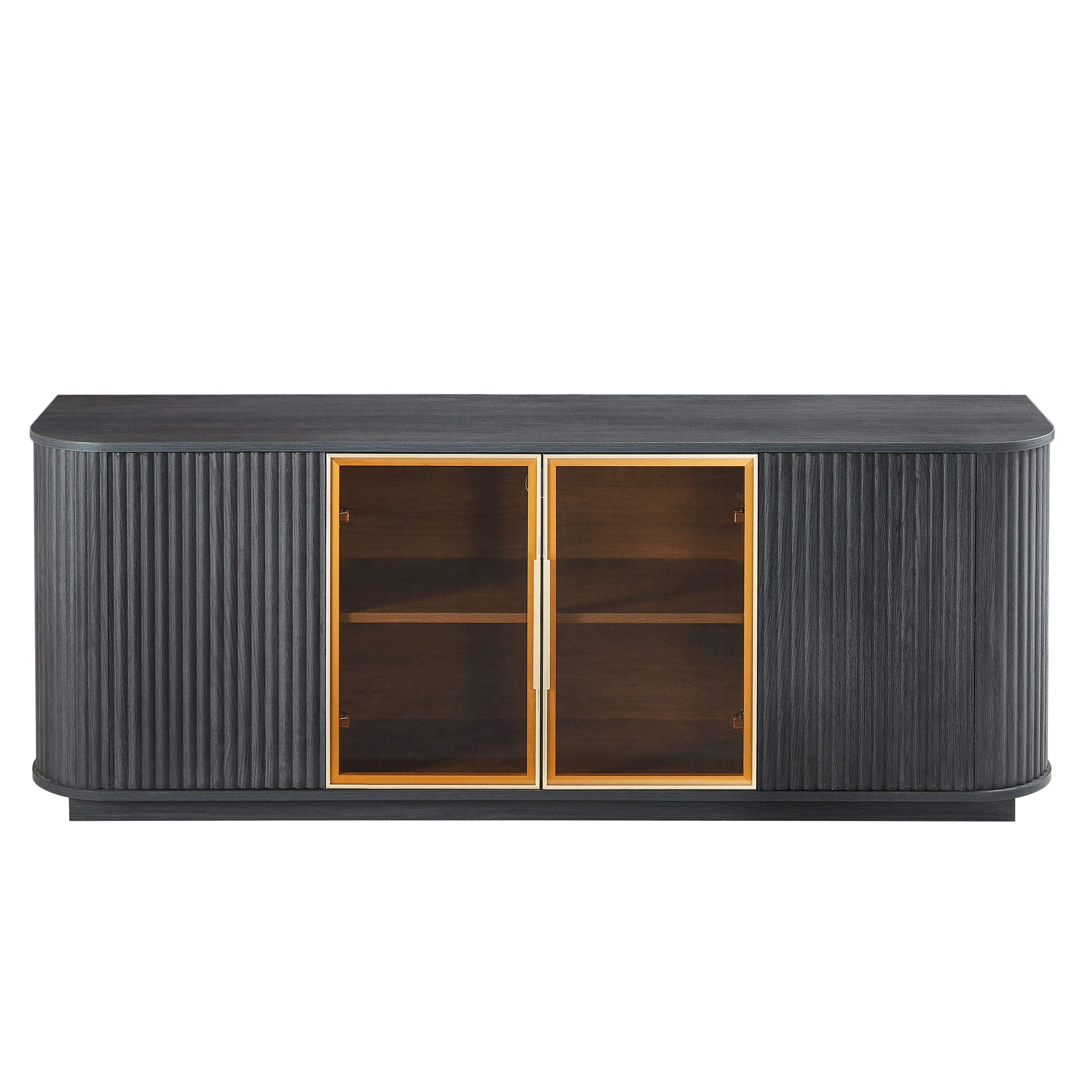 64-Inch Wavy TV Cabinet, Round Sideboard, Wooden Vertical Stripe Storage Cabinet, Aluminum Door Framed Tempered Glass Cabinet for Living Room/Bedroom/Entryway. Black,64''W x 15''D x 24''H.