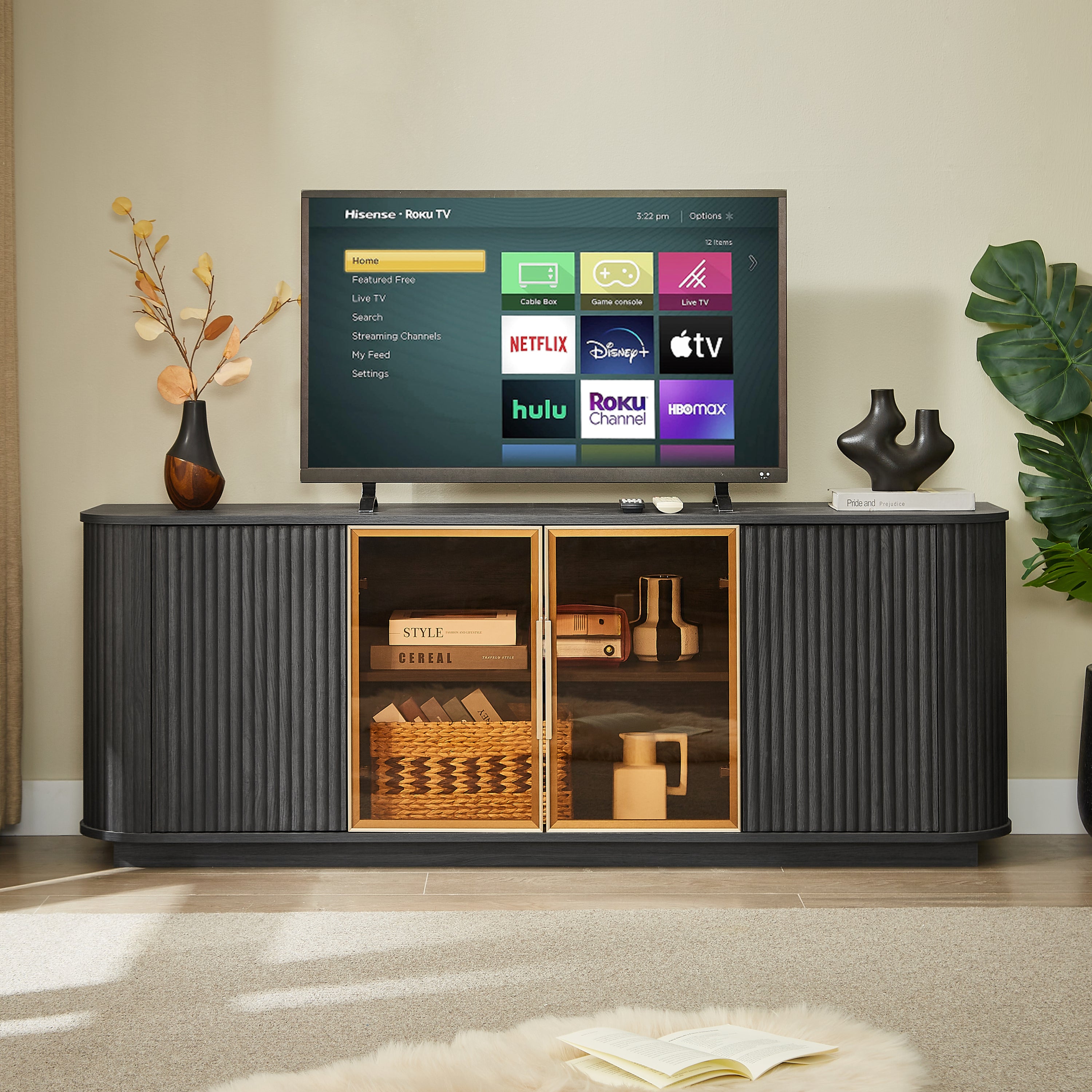 64-Inch Wavy TV Cabinet, Round Sideboard, Wooden Vertical Stripe Storage Cabinet, Aluminum Door Framed Tempered Glass Cabinet for Living Room/Bedroom/Entryway. Black,64''W x 15''D x 24''H.