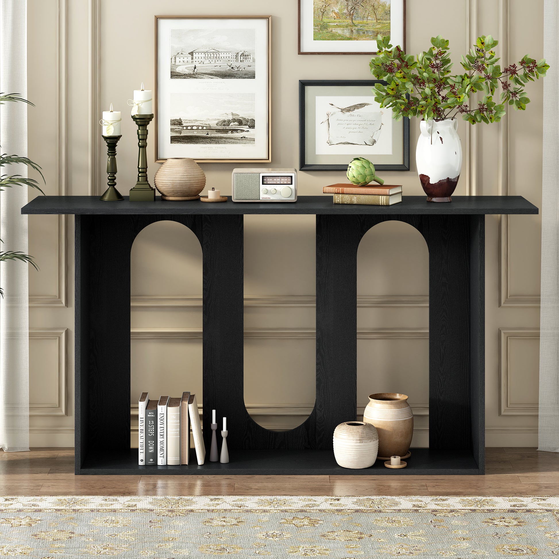 U_STYLE Modern and Curved Design Ash Veneer Console Table with Shelf,Suitable for Entryway,Hallway Living Room,Foyer,Corridor