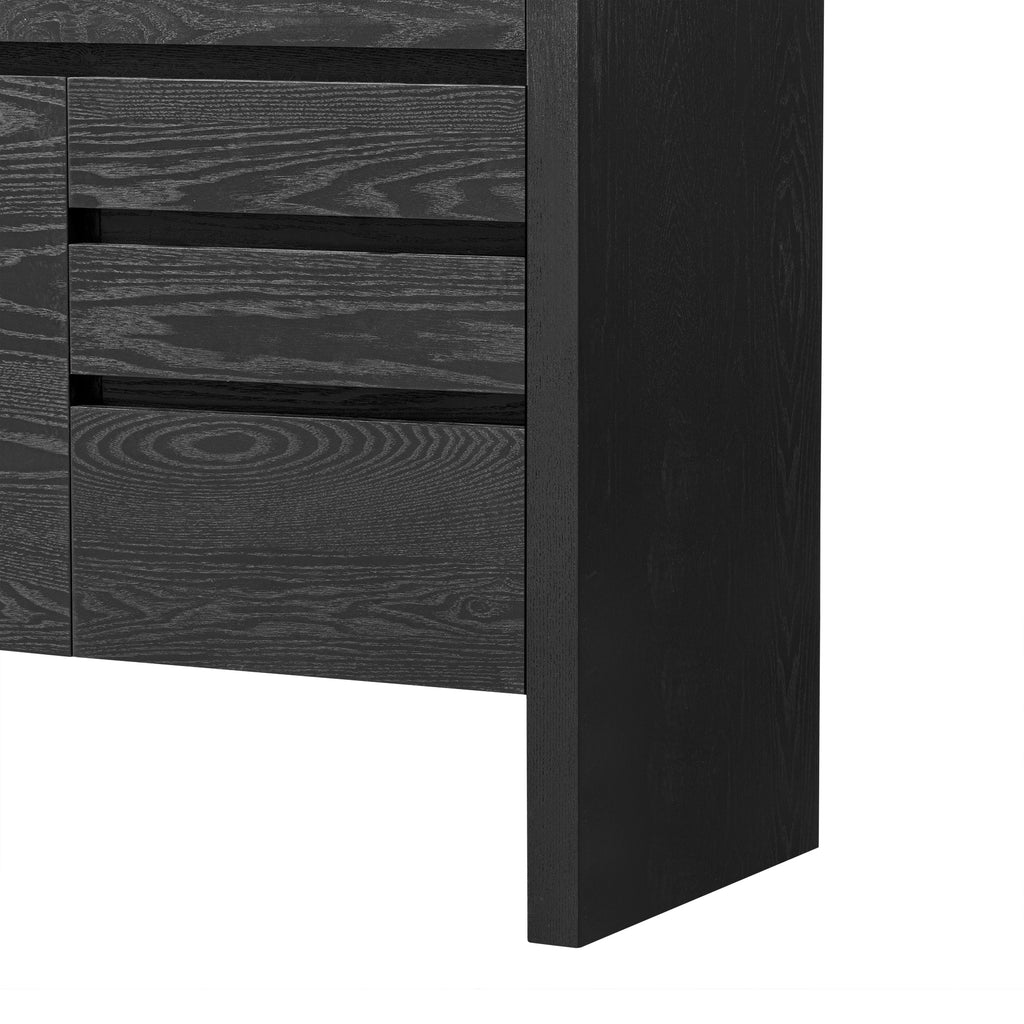 U_Style 60' 3-Door Sideboard with 3 Drawers - Modern Solid Ash Veneer MDF Sideboard, Semi-Open Shelf & Center Semi-Circular Cutout in Back Panel, Large Storage Cabinet for Living Room, Hallway, Dining