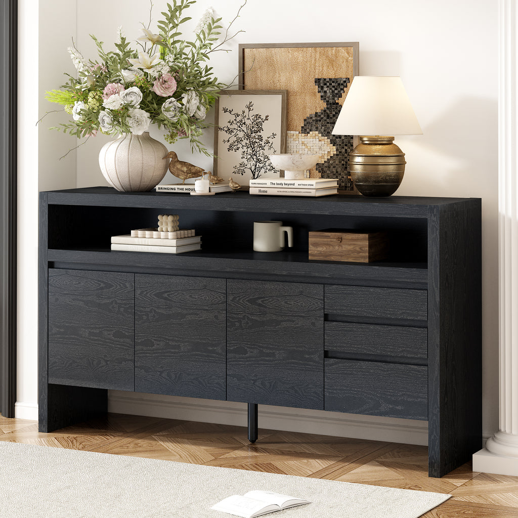 U_Style 60' 3-Door Sideboard with 3 Drawers - Modern Solid Ash Veneer MDF Sideboard, Semi-Open Shelf & Center Semi-Circular Cutout in Back Panel, Large Storage Cabinet for Living Room, Hallway, Dining