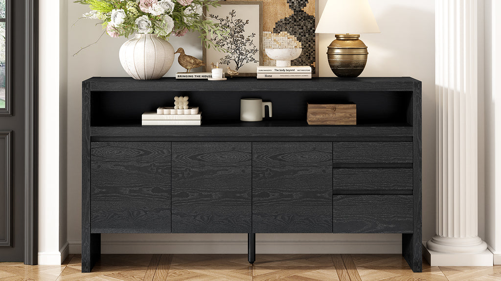 U_Style 60' 3-Door Sideboard with 3 Drawers - Modern Solid Ash Veneer MDF Sideboard, Semi-Open Shelf & Center Semi-Circular Cutout in Back Panel, Large Storage Cabinet for Living Room, Hallway, Dining