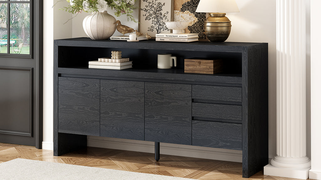 U_Style 60' 3-Door Sideboard with 3 Drawers - Modern Solid Ash Veneer MDF Sideboard, Semi-Open Shelf & Center Semi-Circular Cutout in Back Panel, Large Storage Cabinet for Living Room, Hallway, Dining