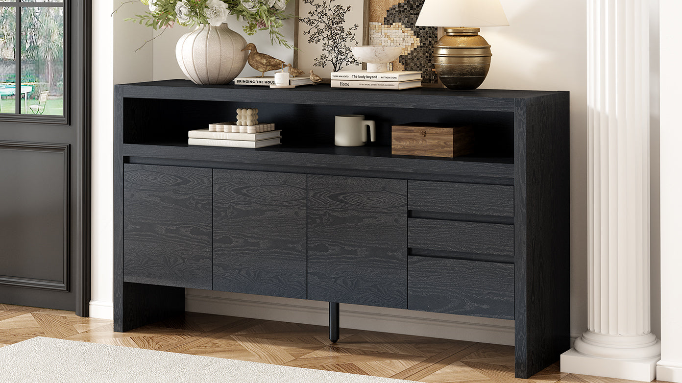 U_Style 60' 3-Door Sideboard with 3 Drawers - Modern Solid Ash Veneer MDF Sideboard, Semi-Open Shelf & Center Semi-Circular Cutout in Back Panel, Large Storage Cabinet for Living Room, Hallway, Dining
