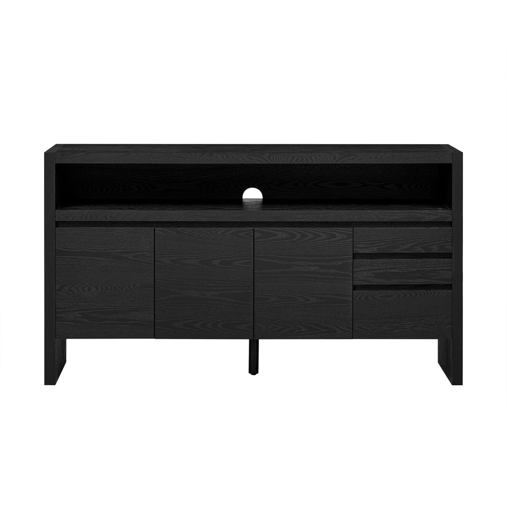U_Style 60' 3-Door Sideboard with 3 Drawers - Modern Solid Ash Veneer MDF Sideboard, Semi-Open Shelf & Center Semi-Circular Cutout in Back Panel, Large Storage Cabinet for Living Room, Hallway, Dining