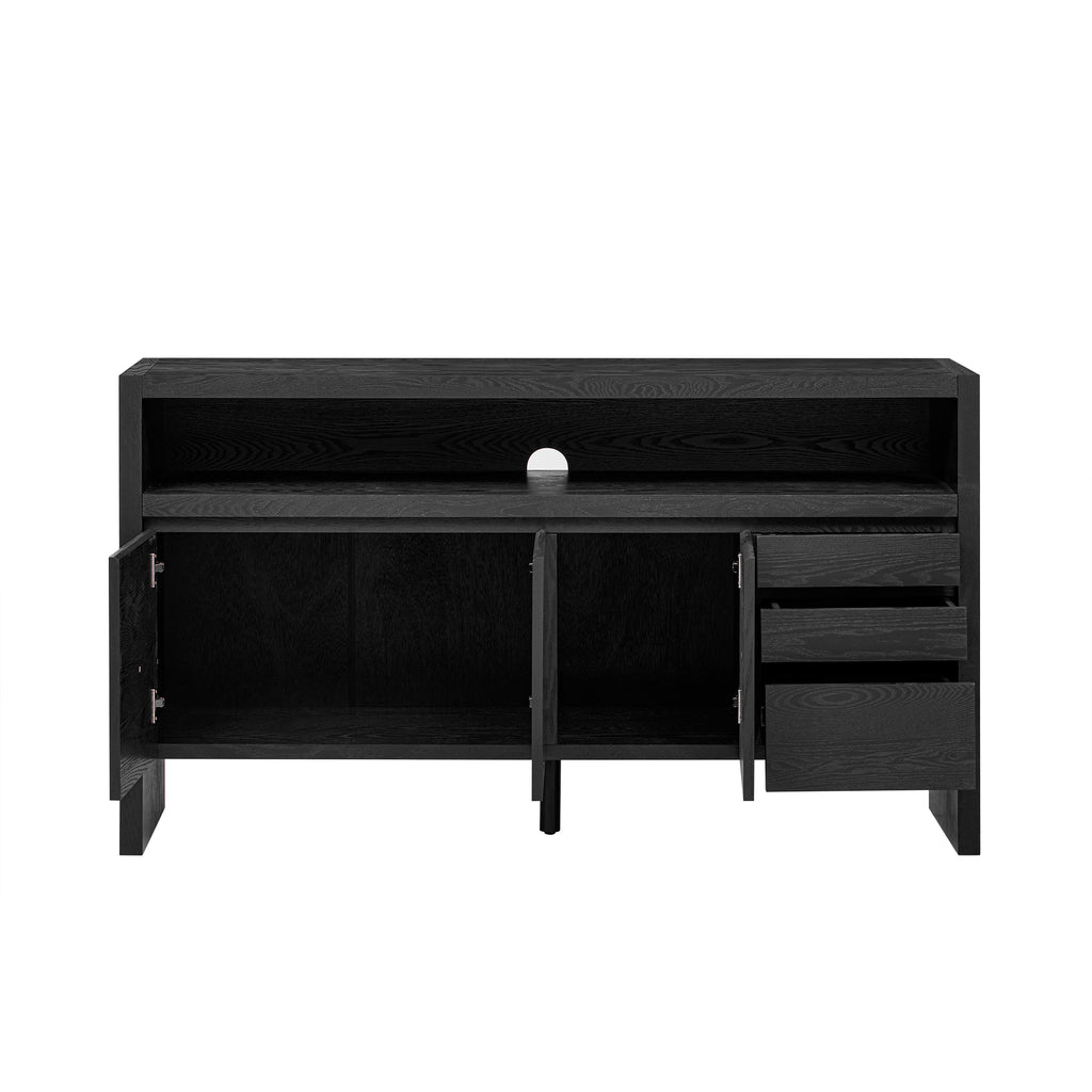 U_Style 60' 3-Door Sideboard with 3 Drawers - Modern Solid Ash Veneer MDF Sideboard, Semi-Open Shelf & Center Semi-Circular Cutout in Back Panel, Large Storage Cabinet for Living Room, Hallway, Dining