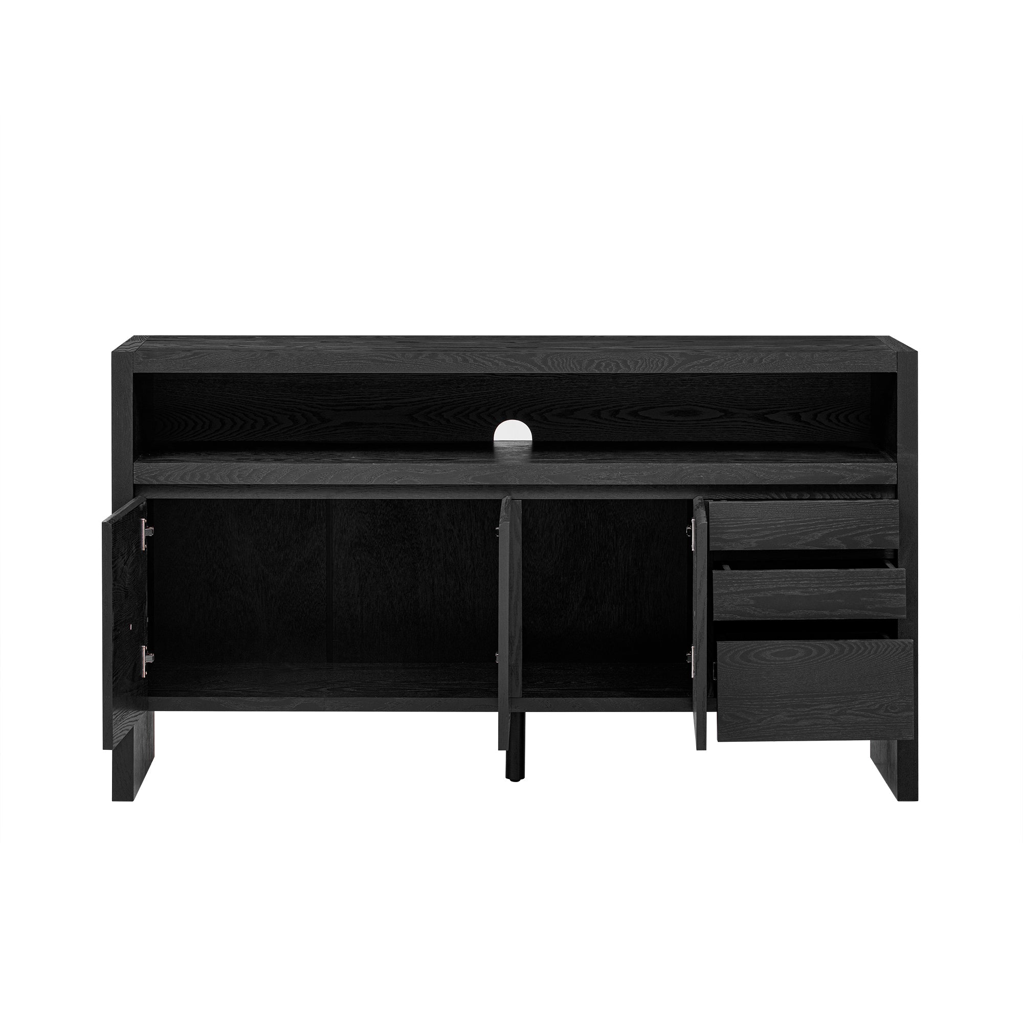 U_Style 60' 3-Door Sideboard with 3 Drawers - Modern Solid Ash Veneer MDF Sideboard, Semi-Open Shelf & Center Semi-Circular Cutout in Back Panel, Large Storage Cabinet for Living Room, Hallway, Dining